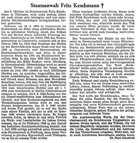 Keschmann Fritz 1902-1961 Nachruf